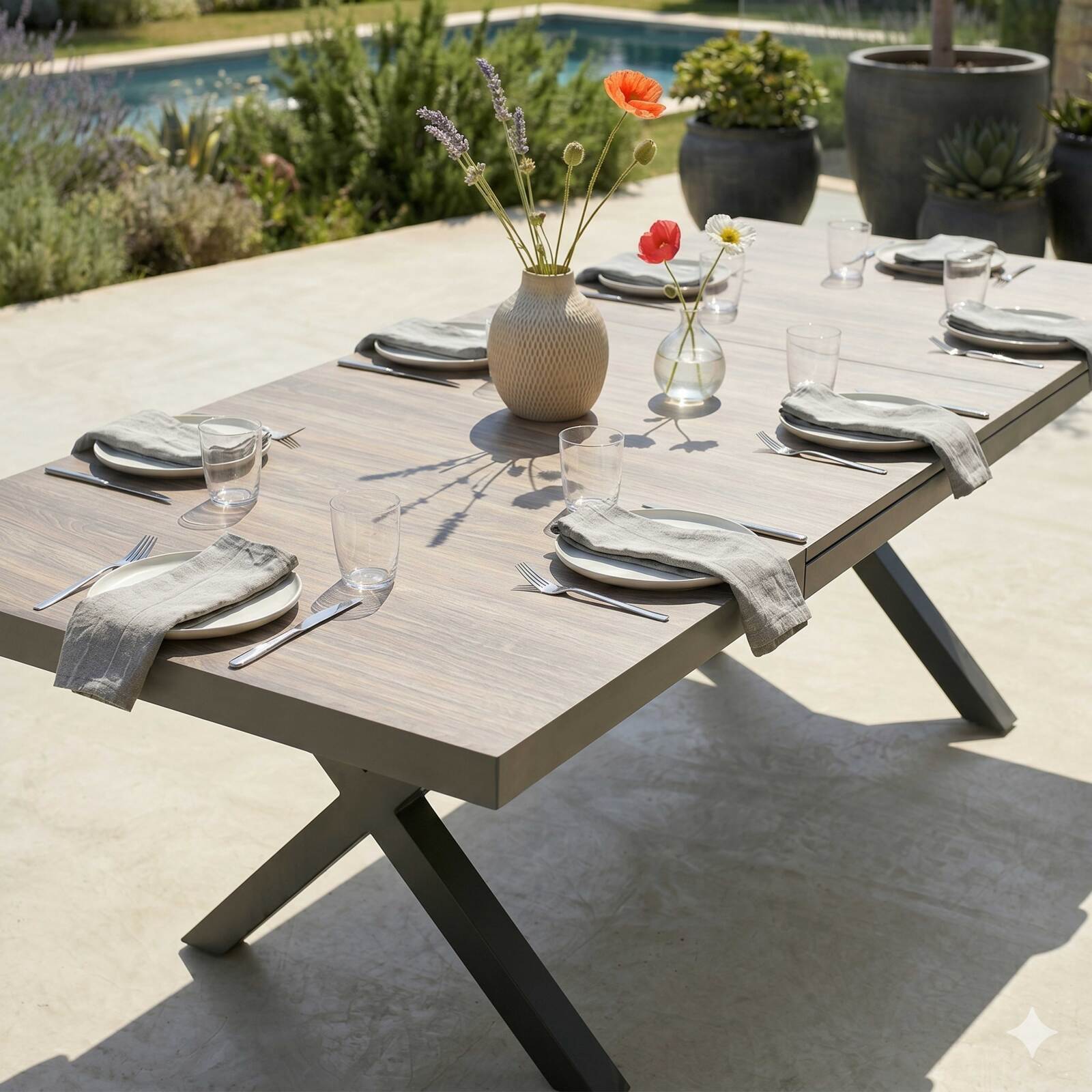 Table de jardin extensible en aluminium et céramique effet bois 8 à 12 personnes 200/260x100 cm