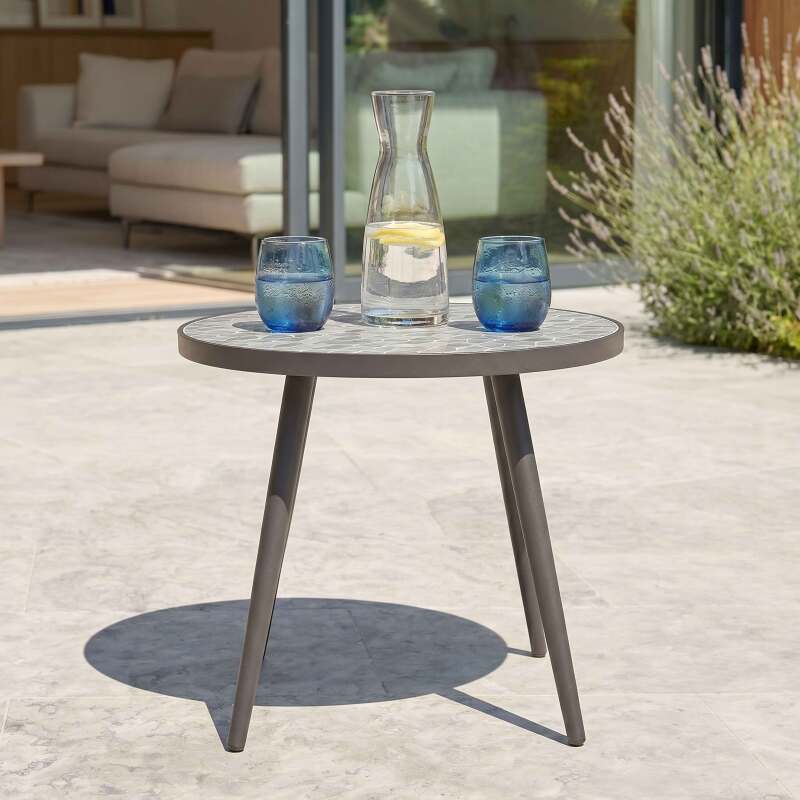 Table basse de jardin ronde en céramique et métal thermolaqué motif PALM Ø45x35 cm (2/7)