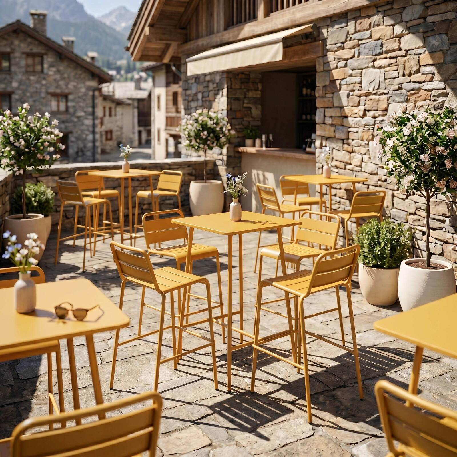 Table haute de jardin carrée en métal 70x70 cm et 4 chaises hautes