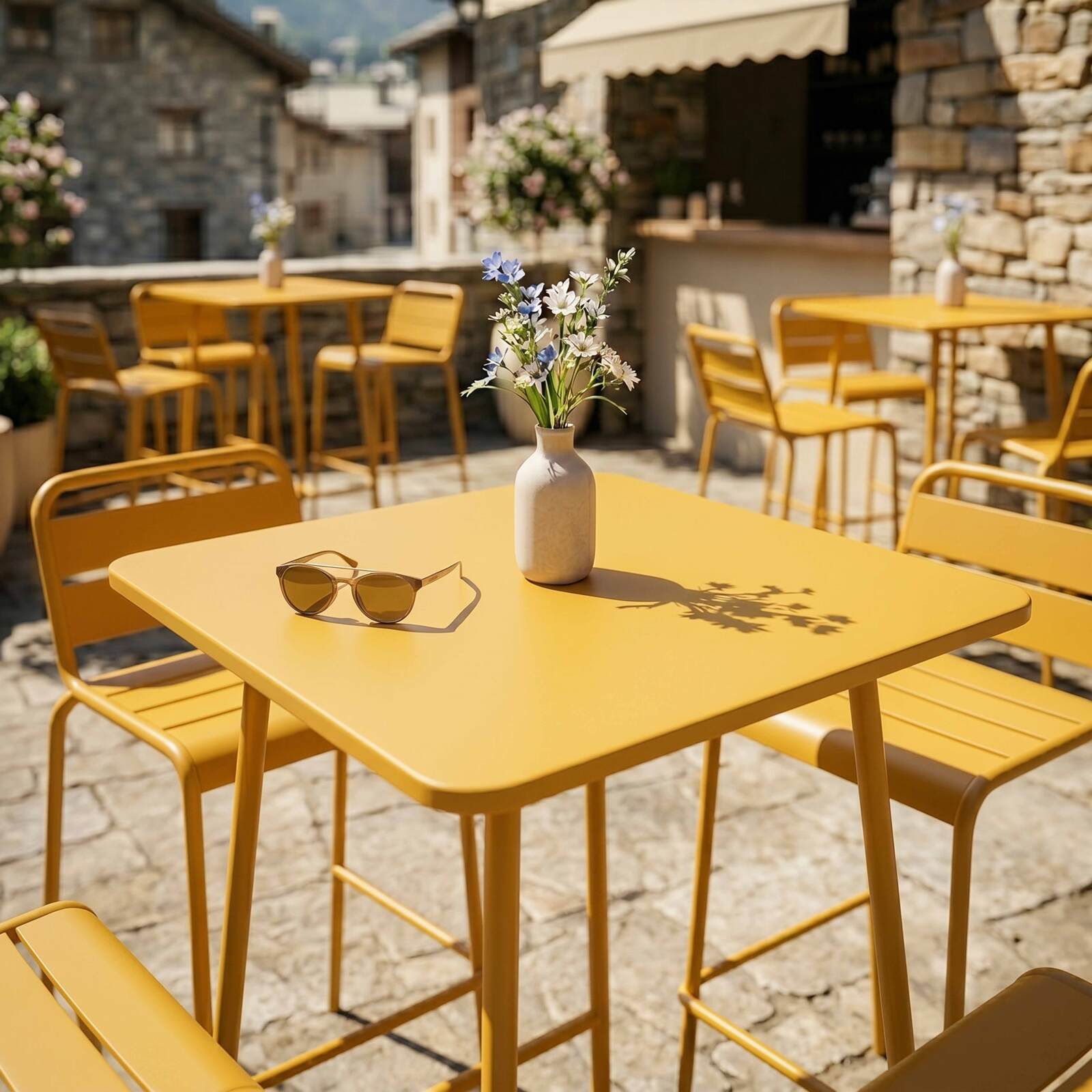 Table haute de jardin carrée en métal 70x70 cm et 4 chaises hautes