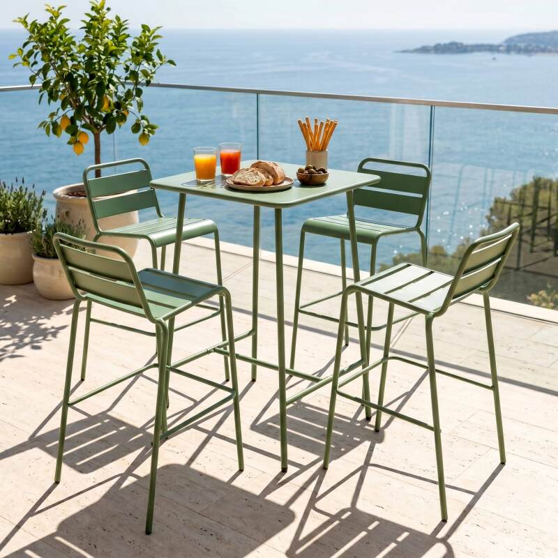 Table haute de jardin carrée en métal 70x70 cm et 4 chaises hautes