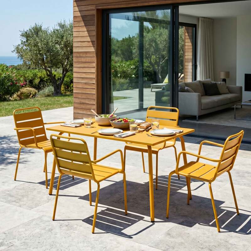 Table de jardin en métal 120x70 cm et 4 chaises avec accoudoirs