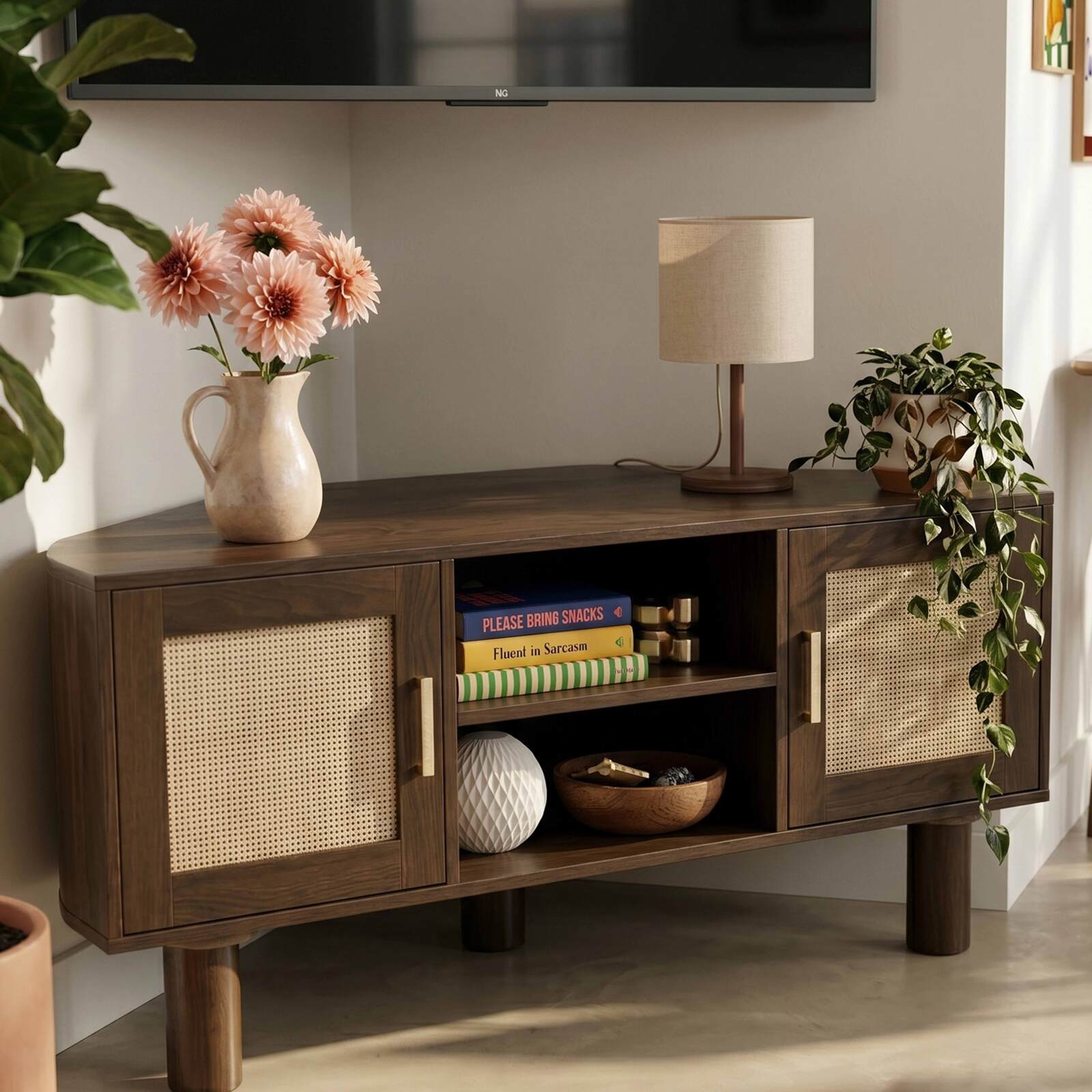 Meuble TV effet bois 120 cm en rotin synthétique style scandinave