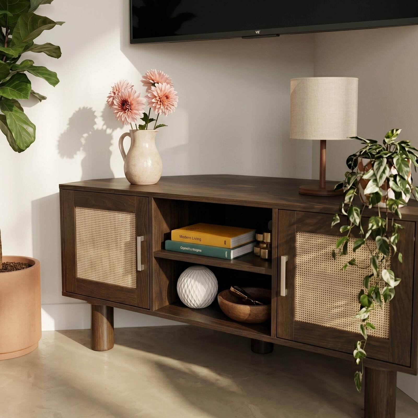 Meuble TV effet bois 120 cm en rotin synthétique style scandinave