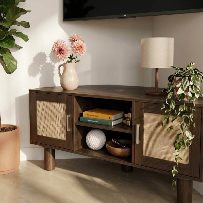 Meuble TV effet bois 120 cm en rotin synthétique style scandinave (3/9)