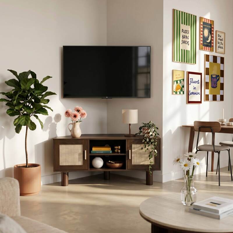 Meuble TV effet bois 120 cm en rotin synthétique style scandinave