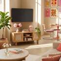 Meuble TV effet bois 120 cm en rotin synthétique style scandinave