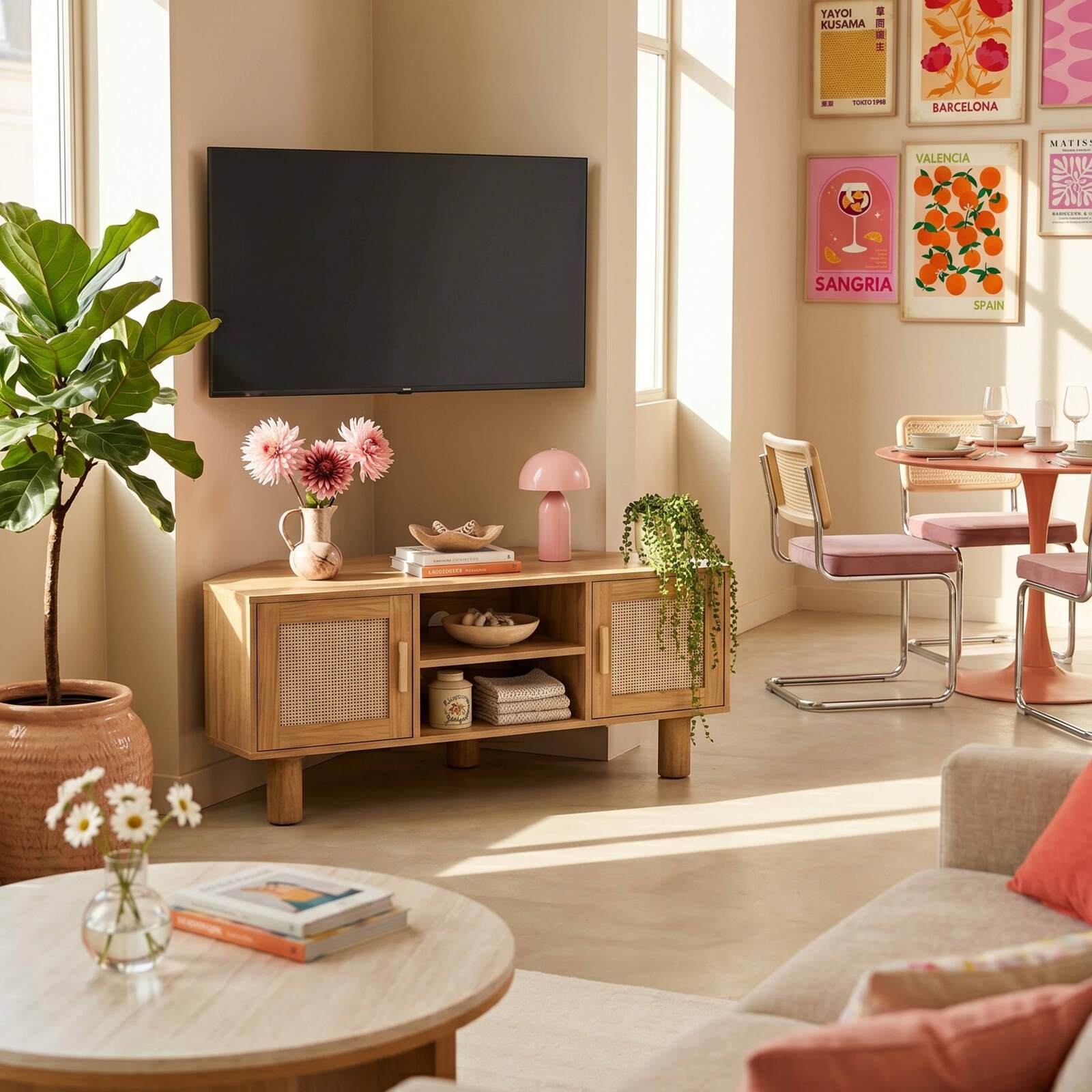 Meuble TV effet bois 120 cm en rotin synthétique style scandinave