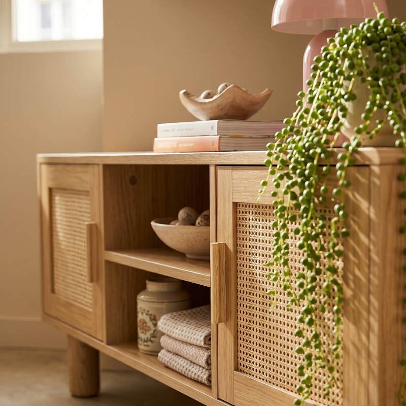 Meuble TV effet bois 120 cm en rotin synthétique style scandinave (3/9)