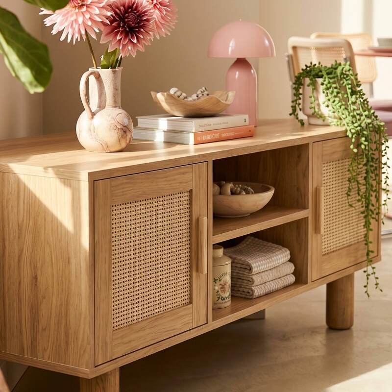 Meuble TV effet bois 120 cm en rotin synthétique style scandinave (2/9)