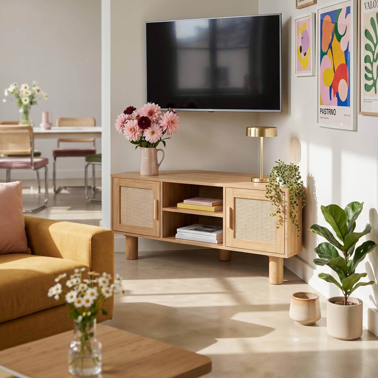 Meuble TV effet bois 120 cm en rotin synthétique style scandinave