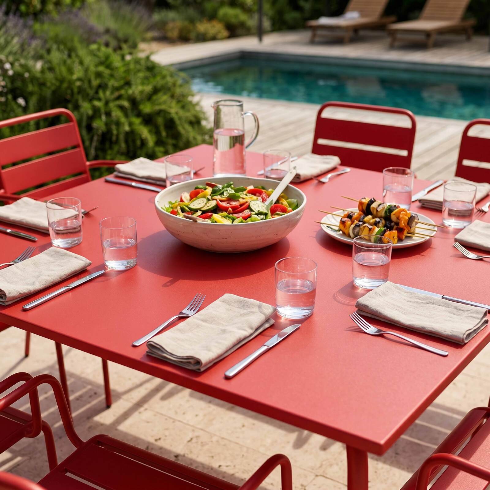 Table de jardin carrée en métal 120x120 cm et 8 chaises avec accoudoirs