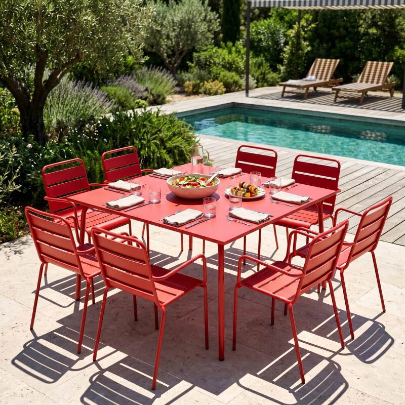 Table de jardin carrée en métal 120x120 cm et 8 chaises avec accoudoirs