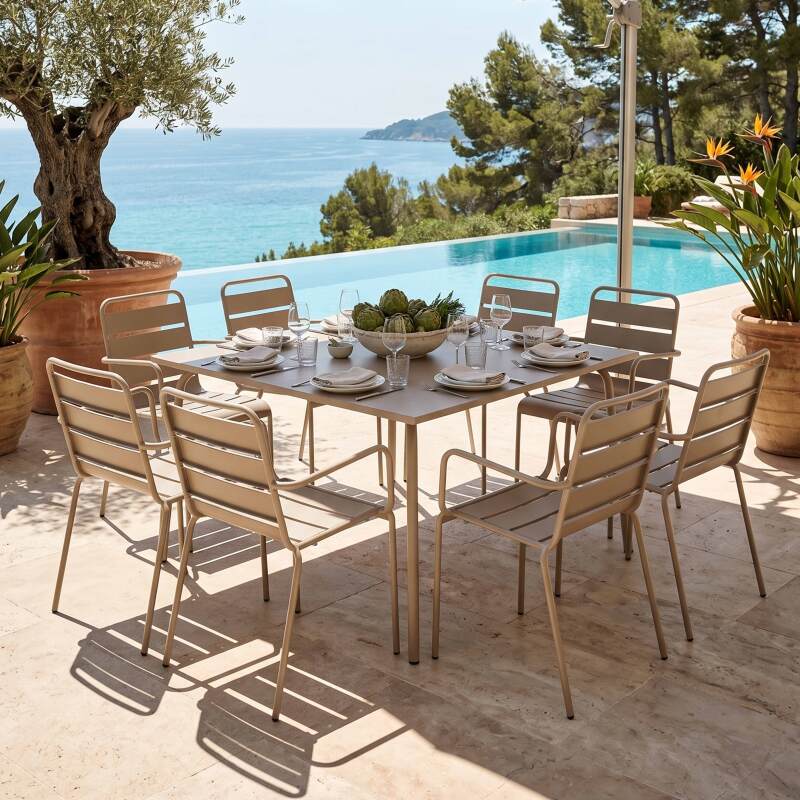 Table de jardin carrée en métal 120x120 cm et 8 chaises avec accoudoirs