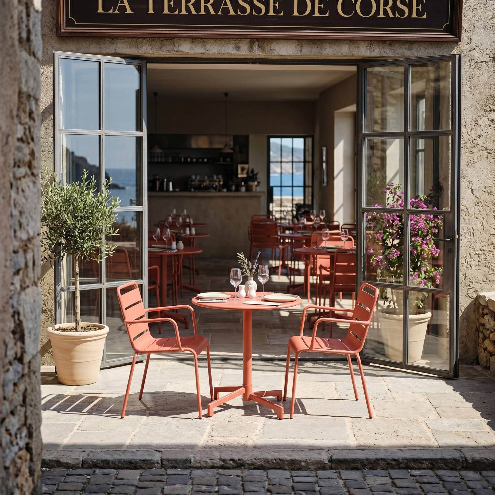 Table de jardin bistrot ronde inclinable en métal avec pied encastrable Ø70 cm et 2 chaises avec accoudoirs