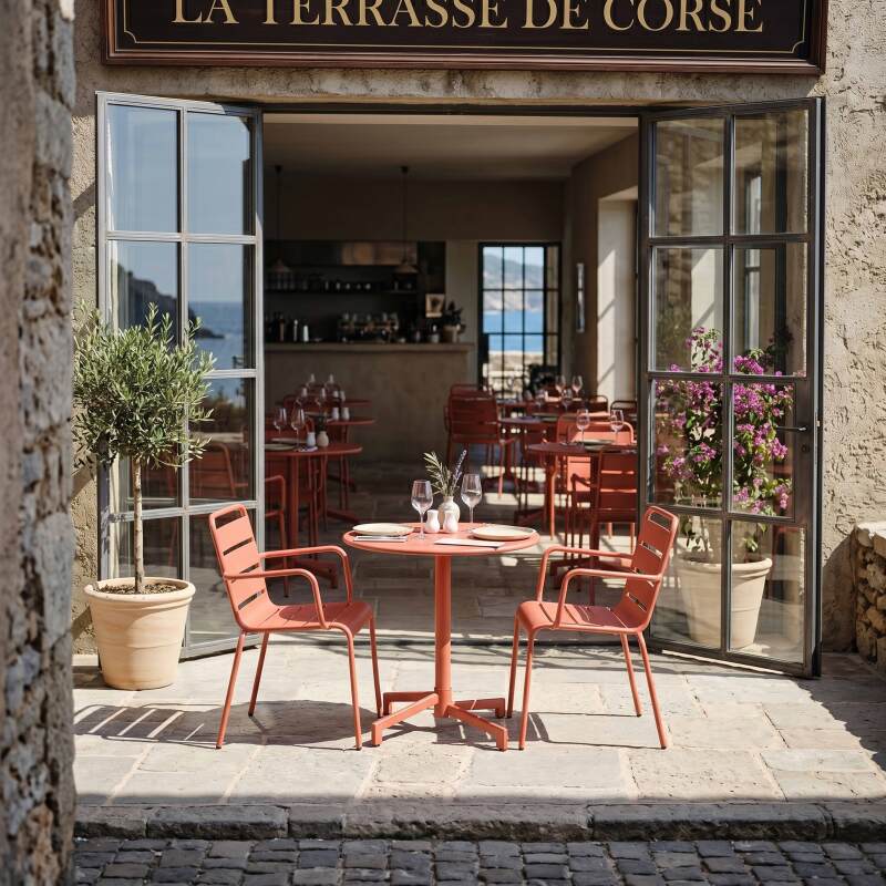 Table de jardin bistrot ronde inclinable en métal avec pied encastrable Ø70 cm et 2 chaises avec accoudoirs (8/11)