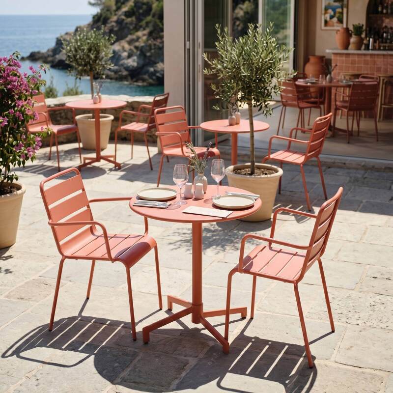 Table de jardin bistrot ronde inclinable en métal avec pied encastrable Ø70 cm et 2 chaises avec accoudoirs (7/11)