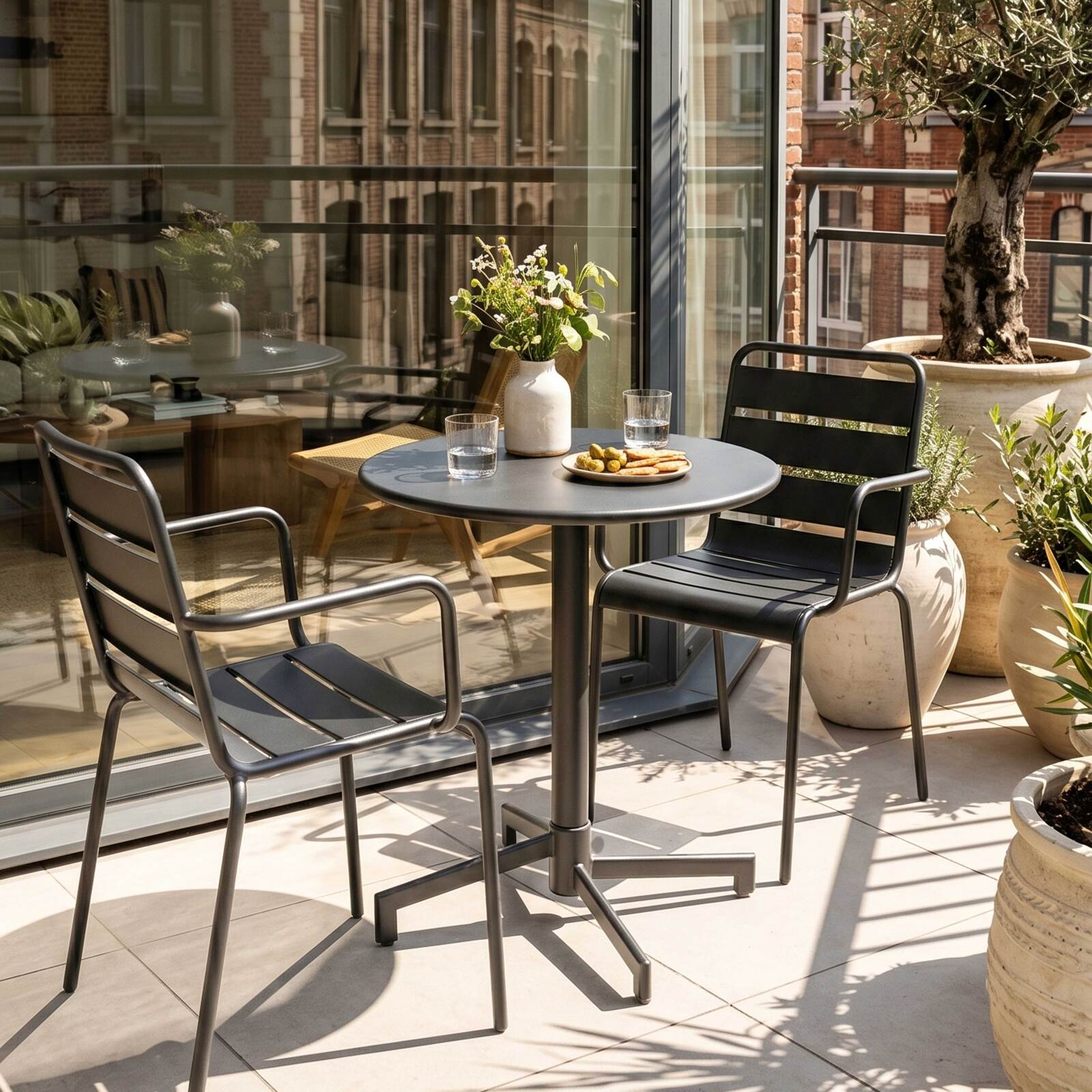 Table de jardin bistrot ronde inclinable en métal avec pied encastrable Ø70 cm et 2 chaises avec accoudoirs