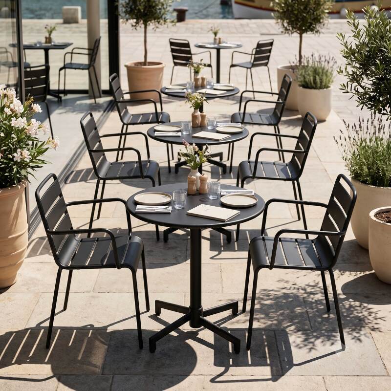 Table de jardin bistrot ronde inclinable en métal avec pied encastrable Ø70 cm et 2 chaises avec accoudoirs (8/11)