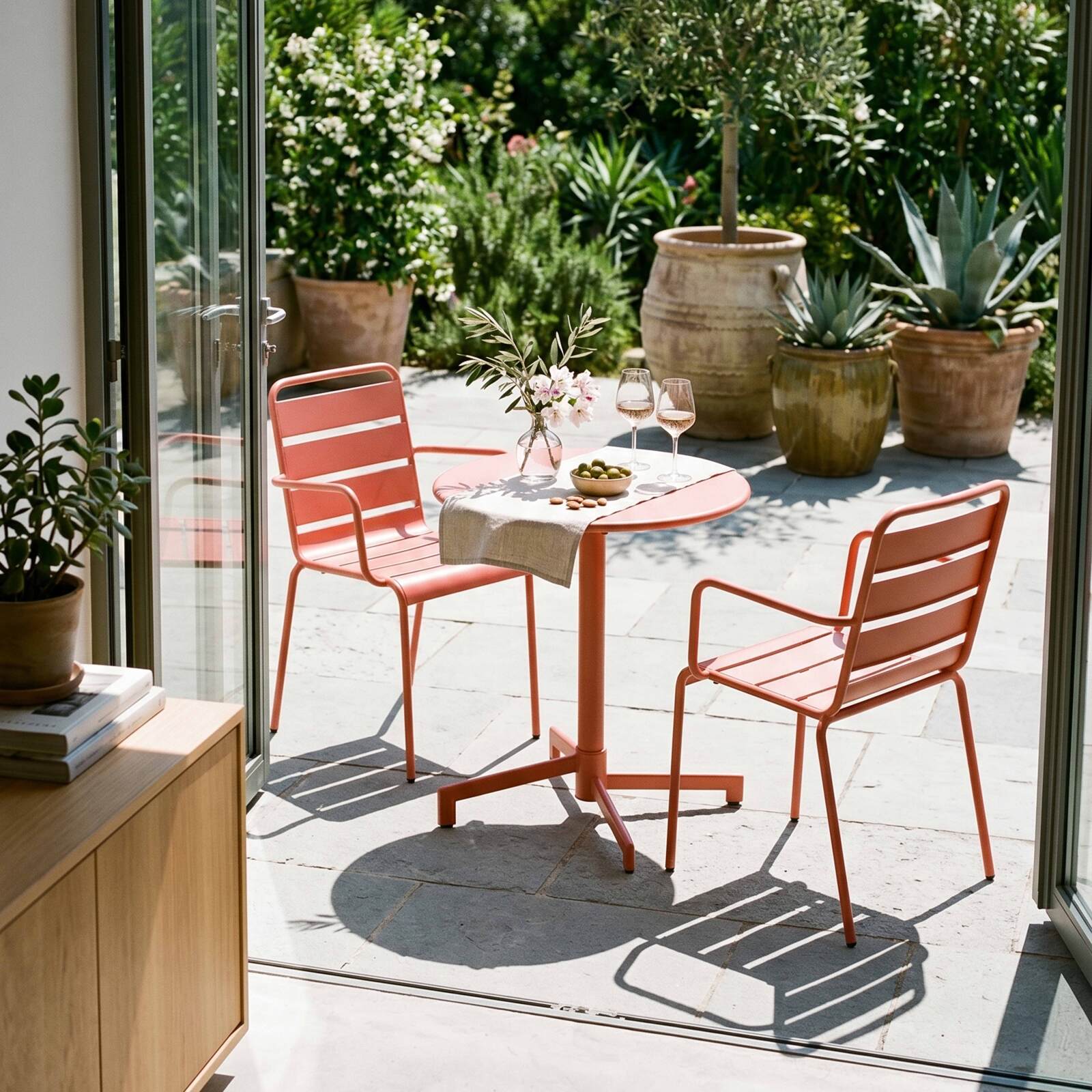 Table de jardin bistrot ronde inclinable en métal avec pied encastrable Ø70 cm et 2 chaises avec accoudoirs