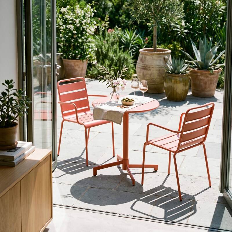 Table de jardin bistrot ronde inclinable en métal avec pied encastrable Ø70 cm et 2 chaises avec accoudoirs