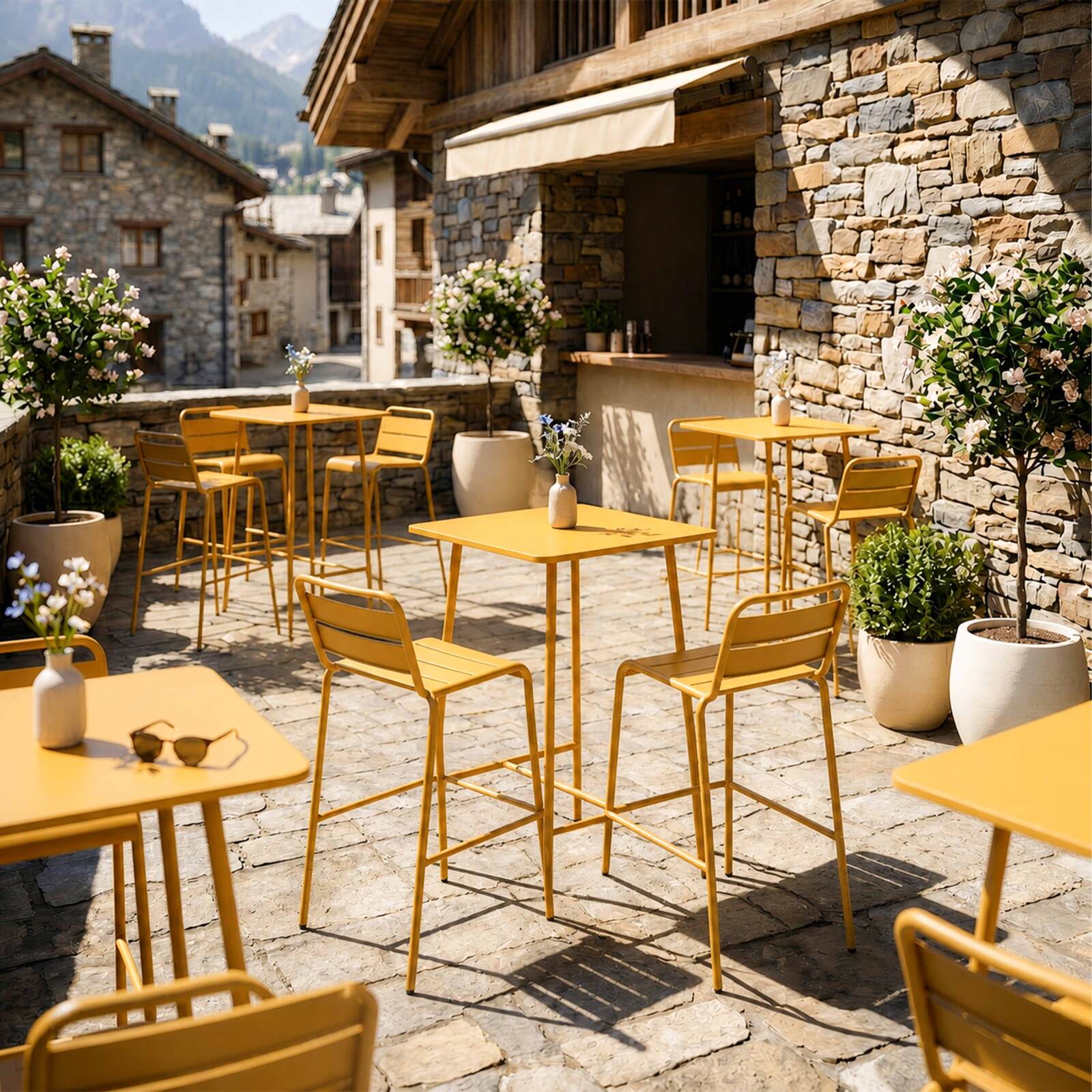 Table haute de jardin bistrot carrée en métal 70x70 cm et 2 chaises hautes
