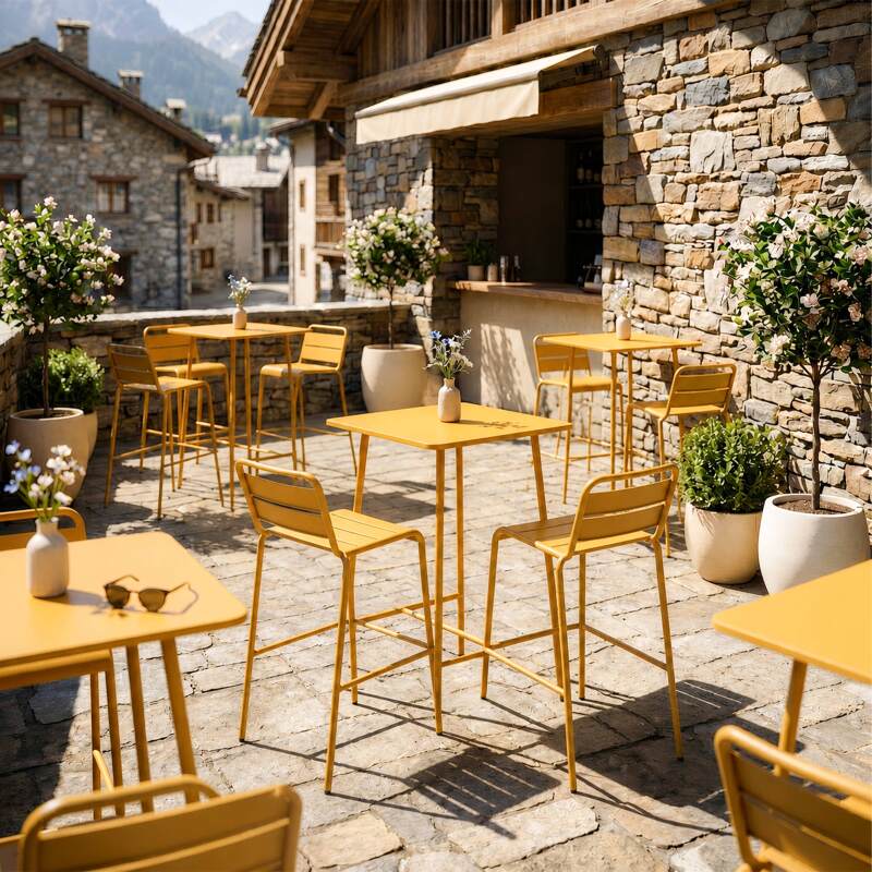 Table haute de jardin bistrot carrée en métal 70x70 cm et 2 chaises hautes (5/7)