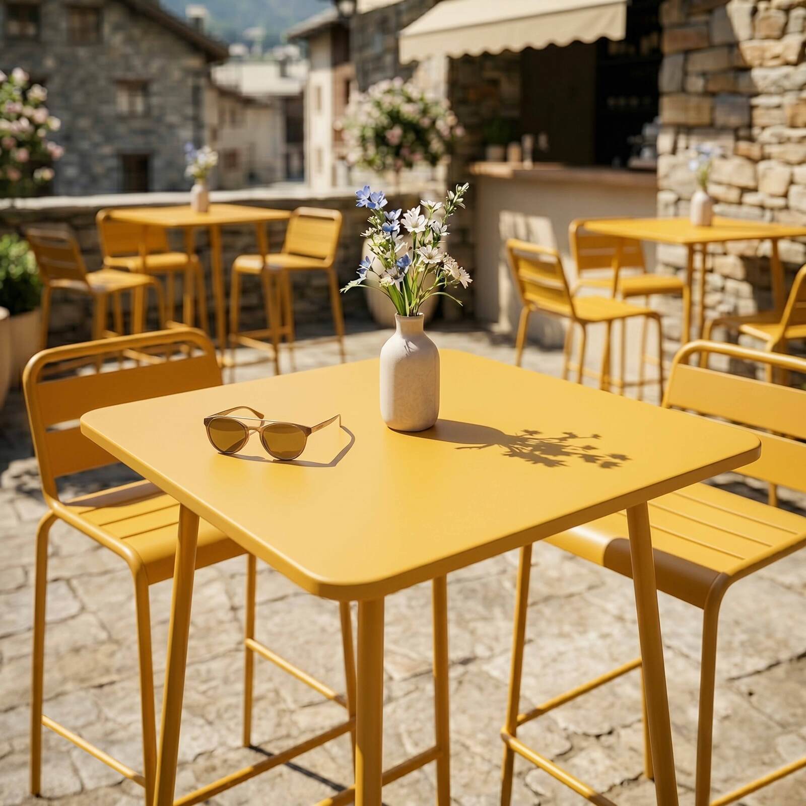 Table haute de jardin bistrot carrée en métal 70x70 cm et 2 chaises hautes