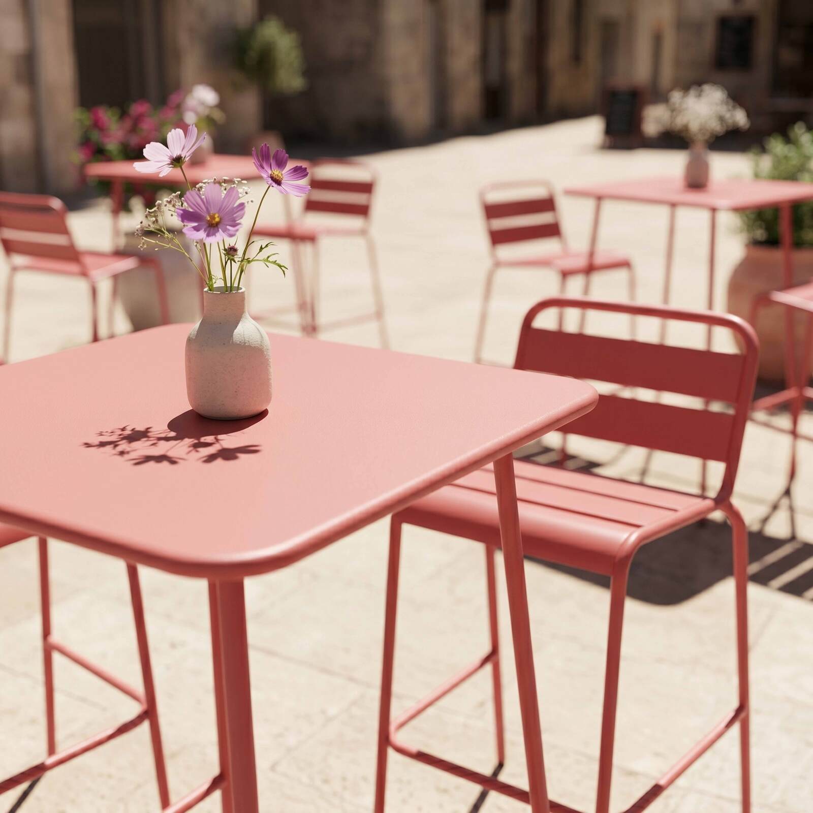 Table haute de jardin bistrot carrée en métal 70x70 cm et 2 chaises hautes