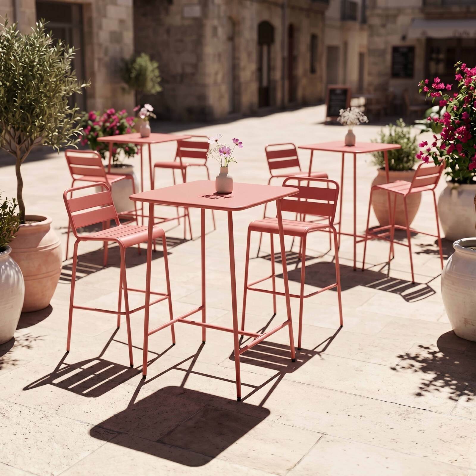 Table haute de jardin bistrot carrée en métal 70x70 cm et 2 chaises hautes