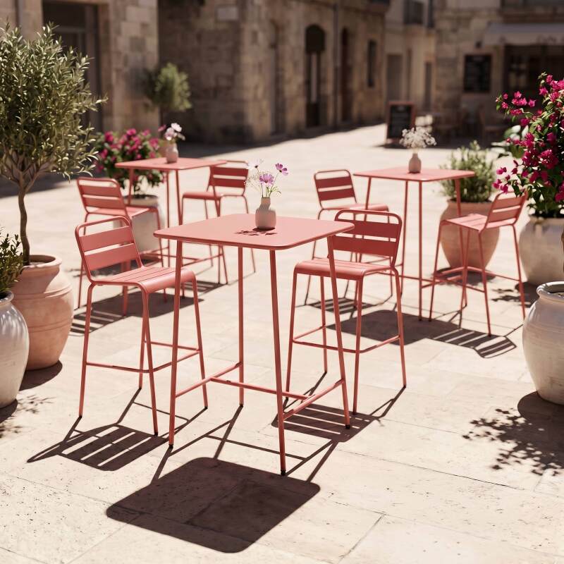 Table haute de jardin bistrot carrée en métal 70x70 cm et 2 chaises hautes (6/8)