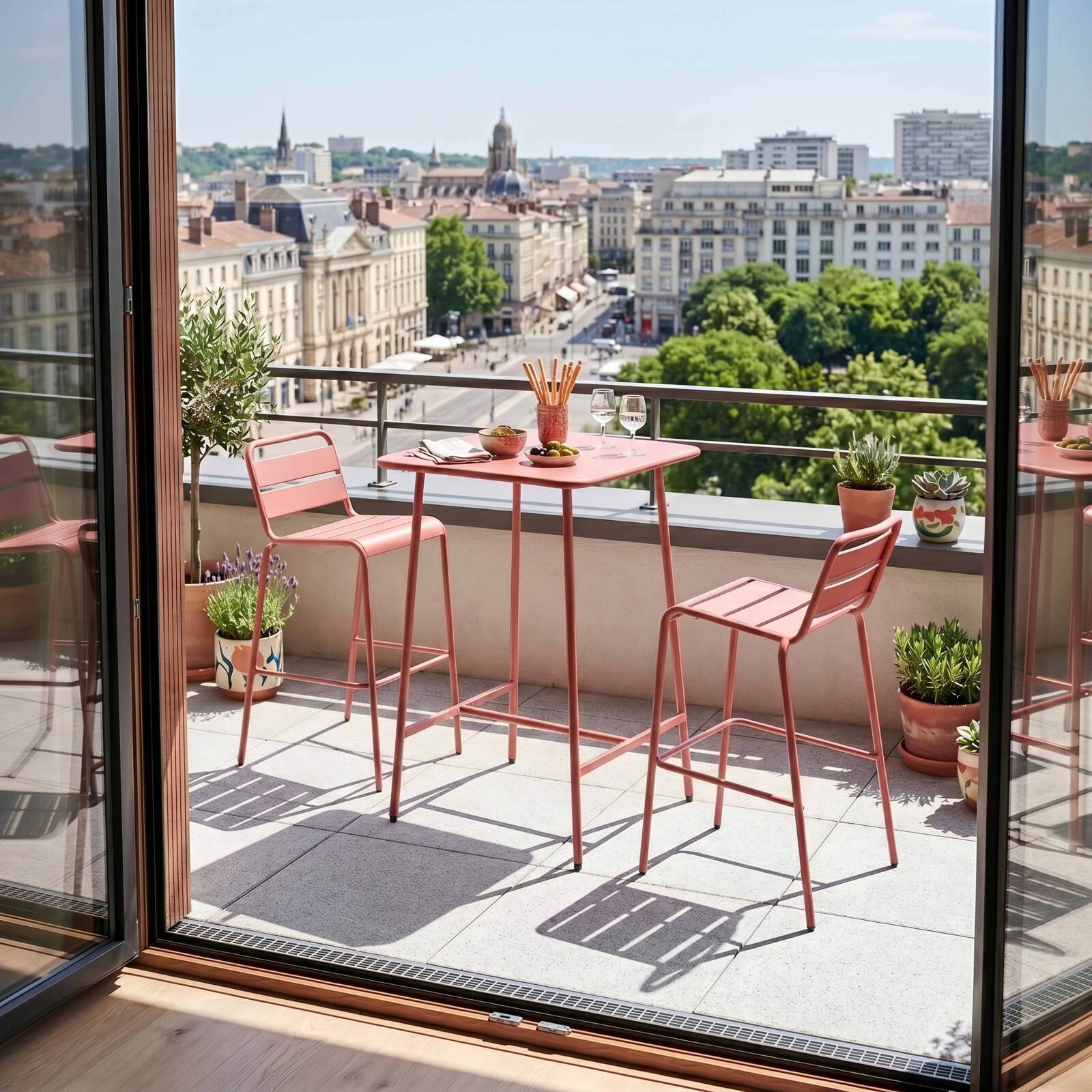 Table haute de jardin bistrot carrée en métal 70x70 cm et 2 chaises hautes