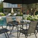 Table de jardin en métal et verre 140x80 cm et 6 chaises pliantes en textilène et parasol central