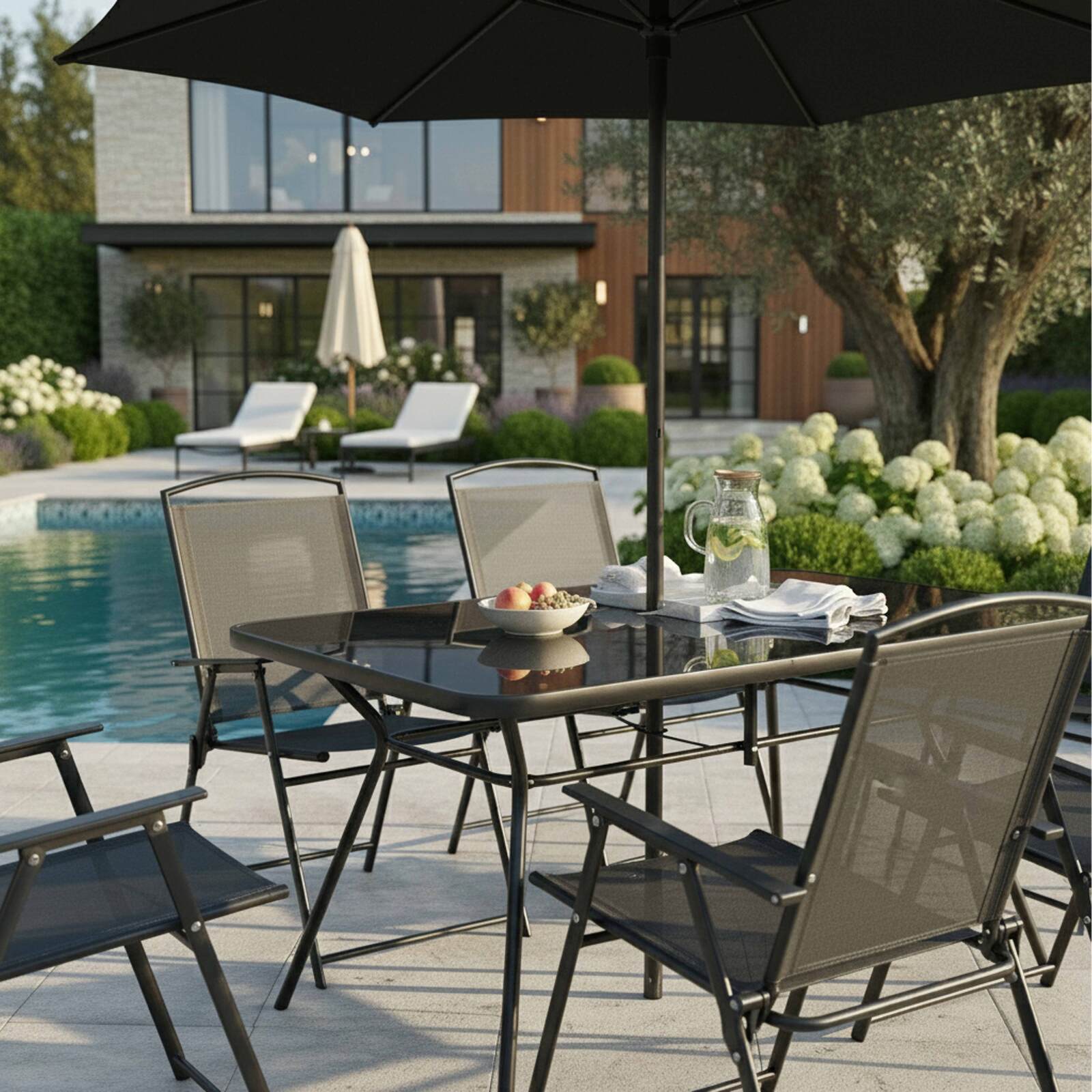 Table de jardin en métal et verre 140x80 cm et 6 chaises pliantes en textilène et parasol central
