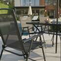 Table de jardin en métal et verre 140x80 cm et 6 chaises pliantes en textilène et parasol central