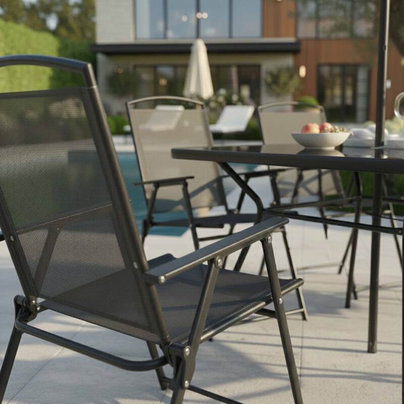 Table de jardin en métal et verre 140x80 cm et 6 chaises pliantes en textilène et parasol central (3/7)