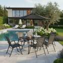 Table de jardin en métal et verre 140x80 cm et 6 chaises pliantes en textilène et parasol central