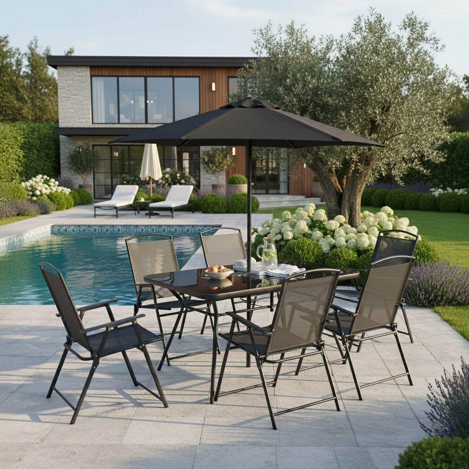 Table de jardin en métal et verre 140x80 cm et 6 chaises pliantes en textilène et parasol central