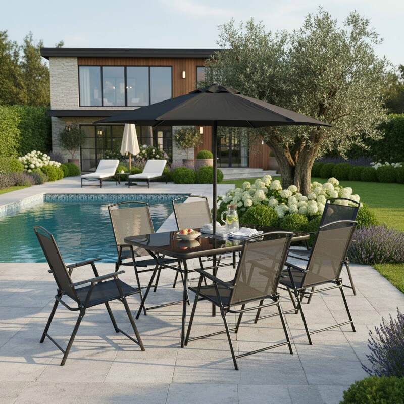 Table de jardin en métal et verre 140x80 cm et 6 chaises pliantes en textilène et parasol central
