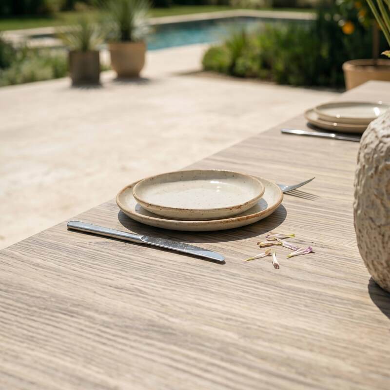 Table de jardin extensible en aluminium et céramique effet bois 8 à 12 personnes (200/260x100 cm)  (3/7)