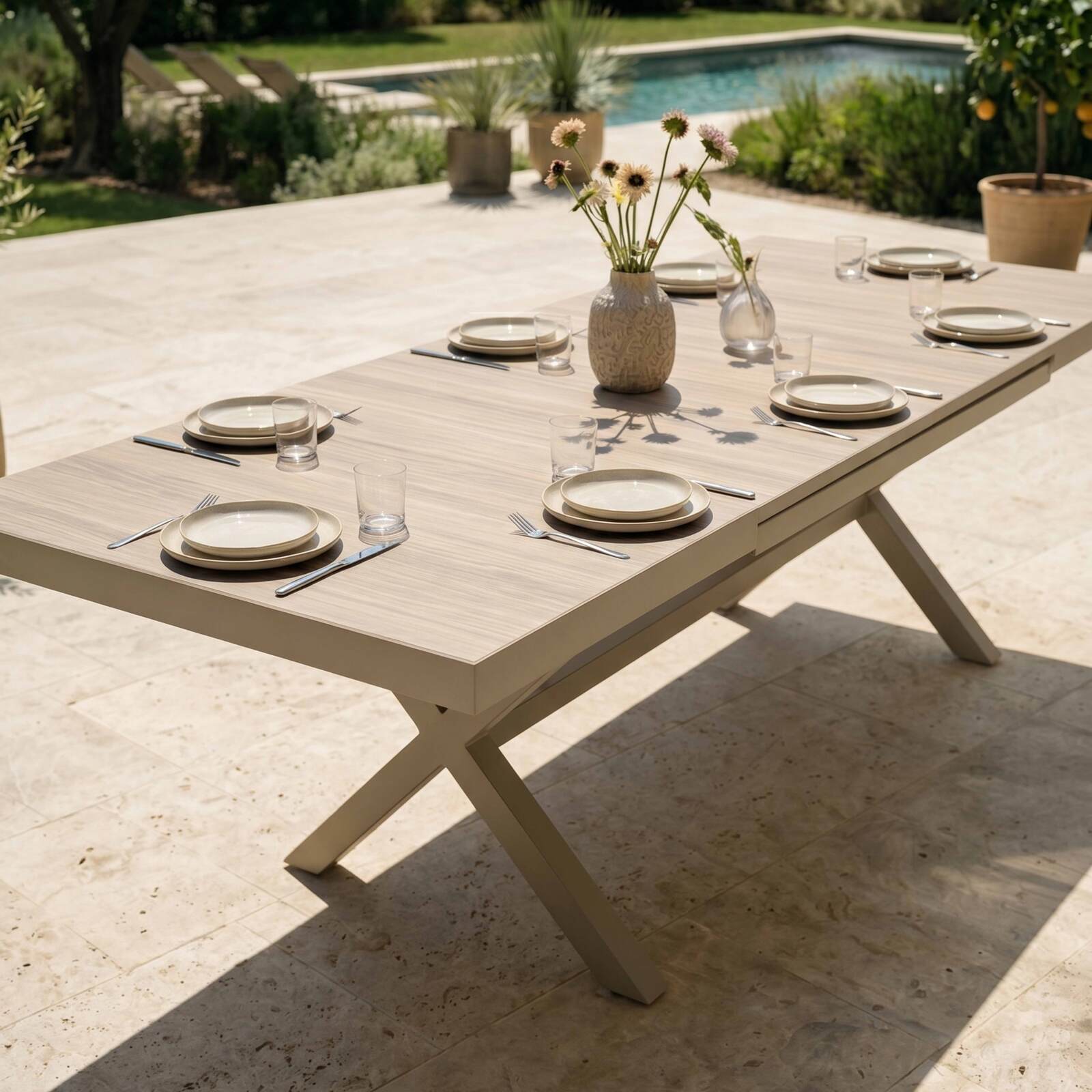 Table de jardin extensible en aluminium et céramique effet bois 200/260x100 cm et 10 chaises en textilène
