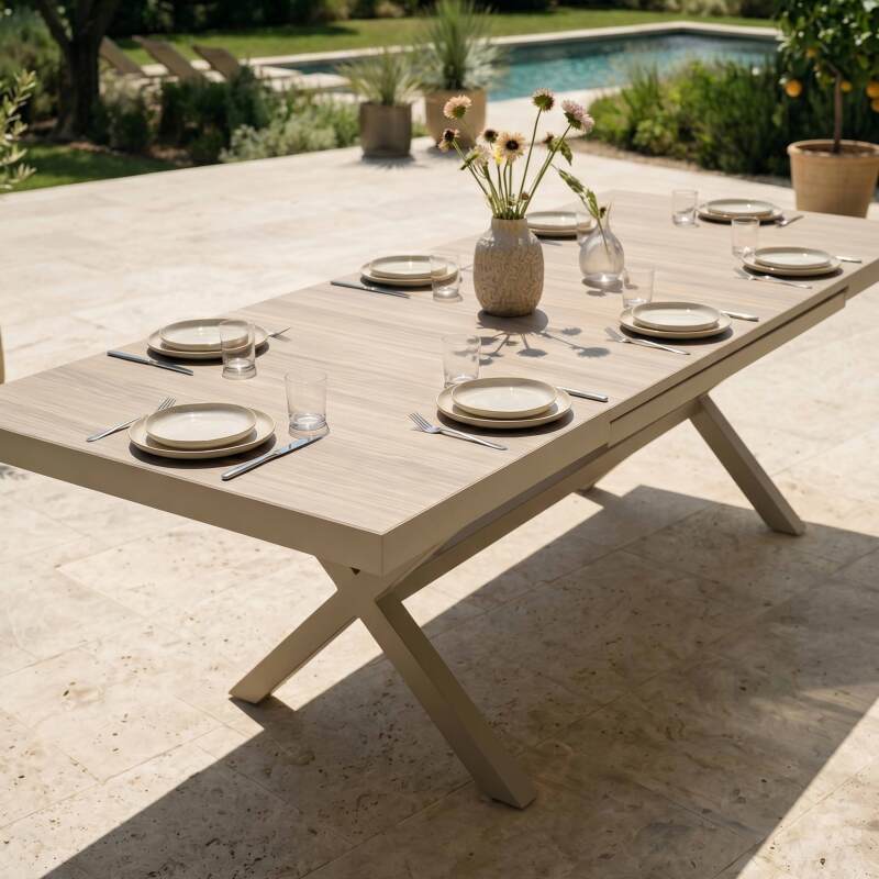 Table de jardin extensible en aluminium et céramique effet bois 200/260x100 cm et 10 chaises en textilène (5/10)