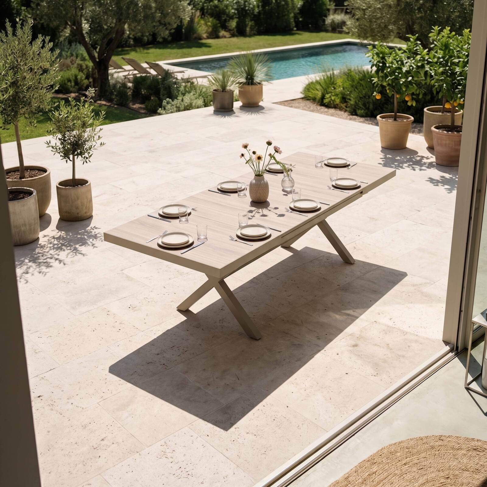 Table de jardin extensible en aluminium et céramique effet bois 200/260x100 cm et 10 chaises en textilène