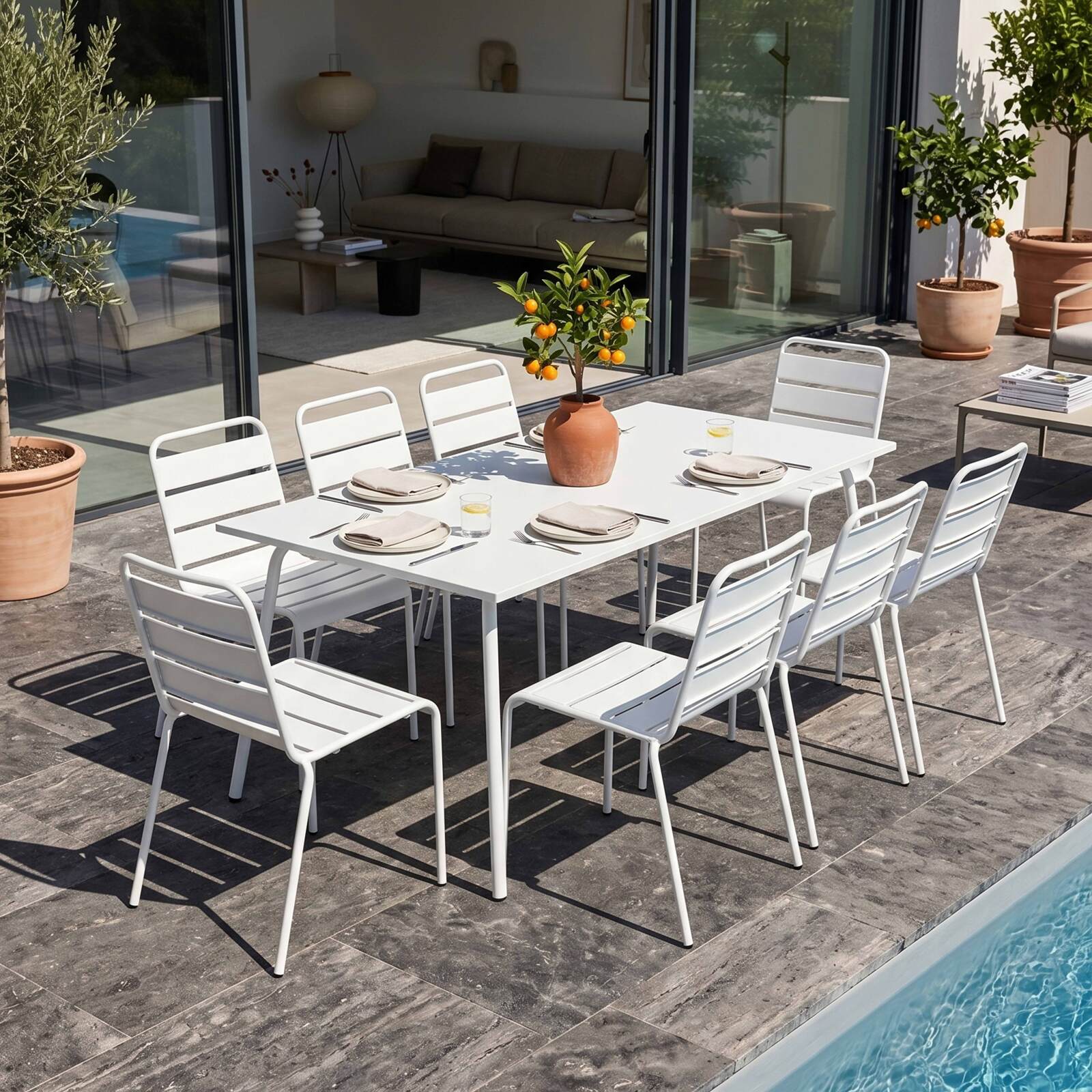 Table de jardin rectangulaire 180 x 90 cm et 8 chaises en métal