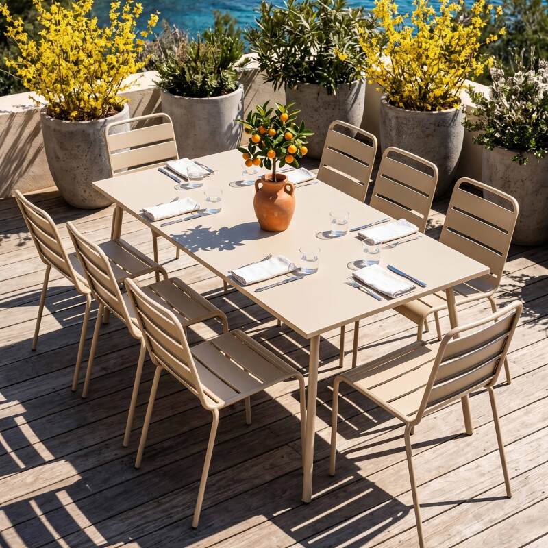 Table de jardin rectangulaire 180 x 90 cm et 8 chaises en métal