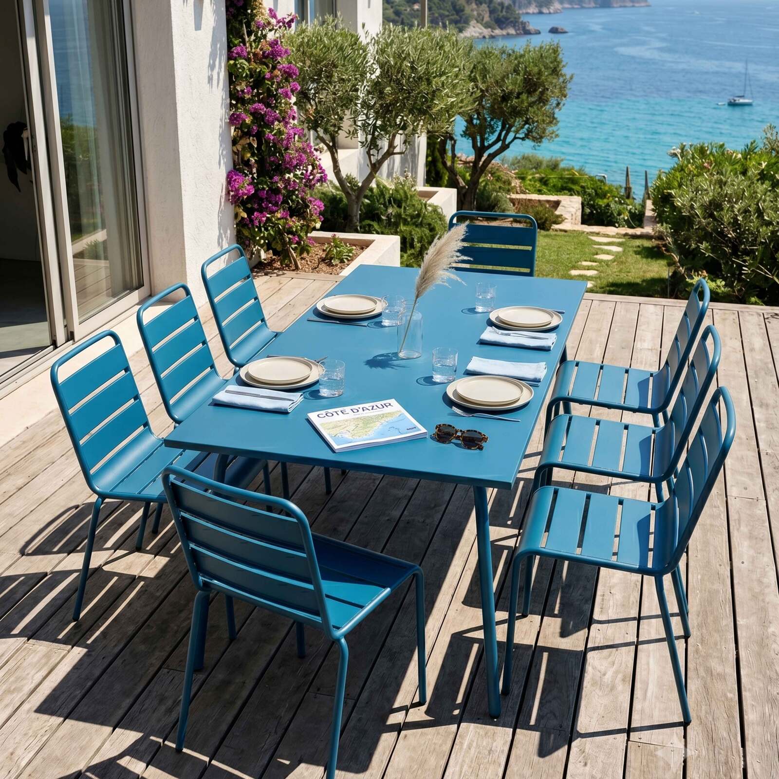 Table de jardin rectangulaire 180 x 90 cm et 8 chaises en métal