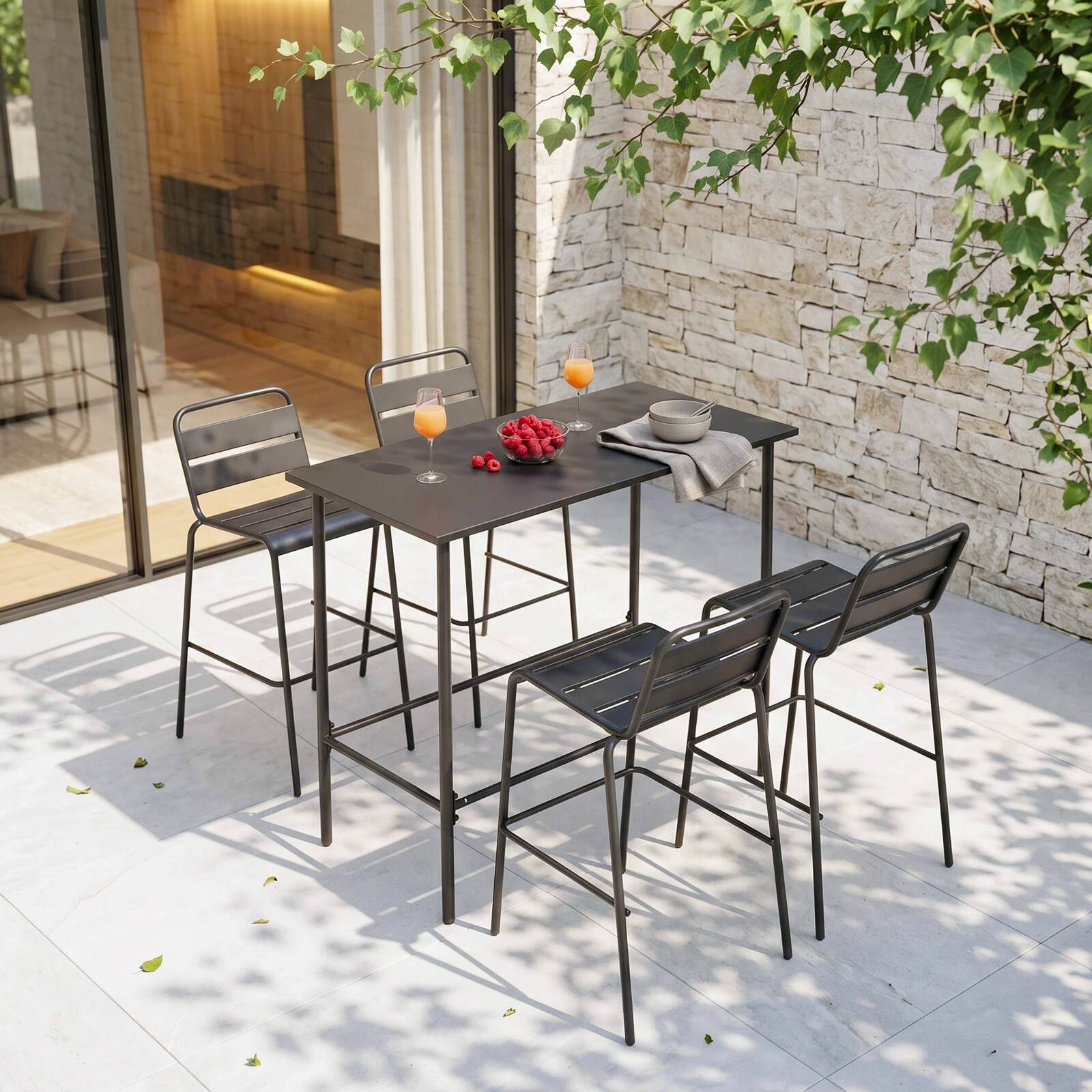 Table haute de jardin en métal 120x60 cm et 4 chaises hautes