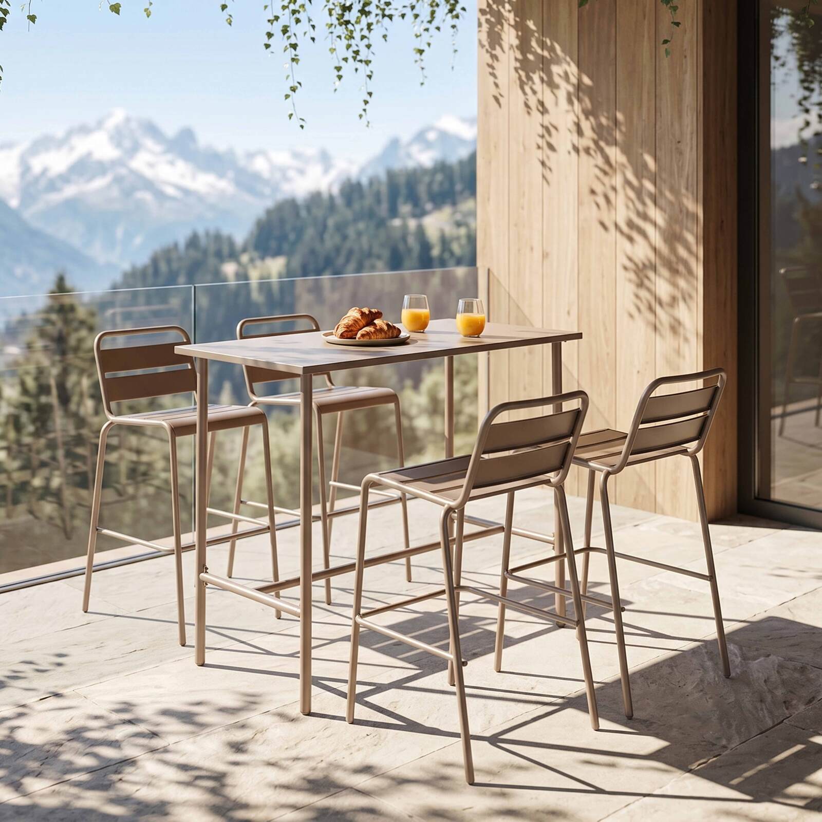Table haute de jardin en métal 120x60 cm et 4 chaises hautes