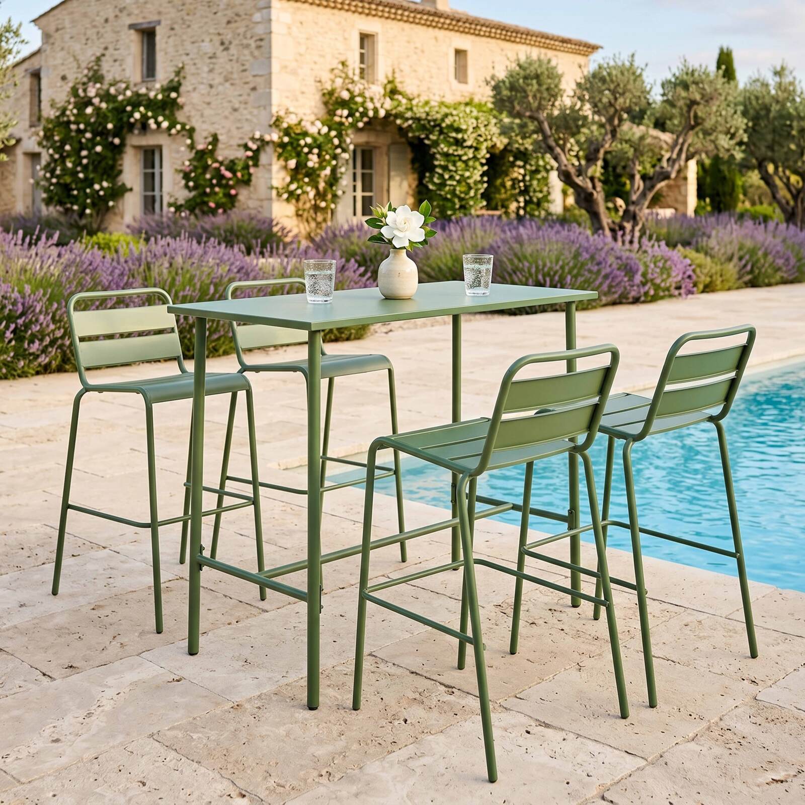Table haute de jardin en métal 120x60 cm et 4 chaises hautes
