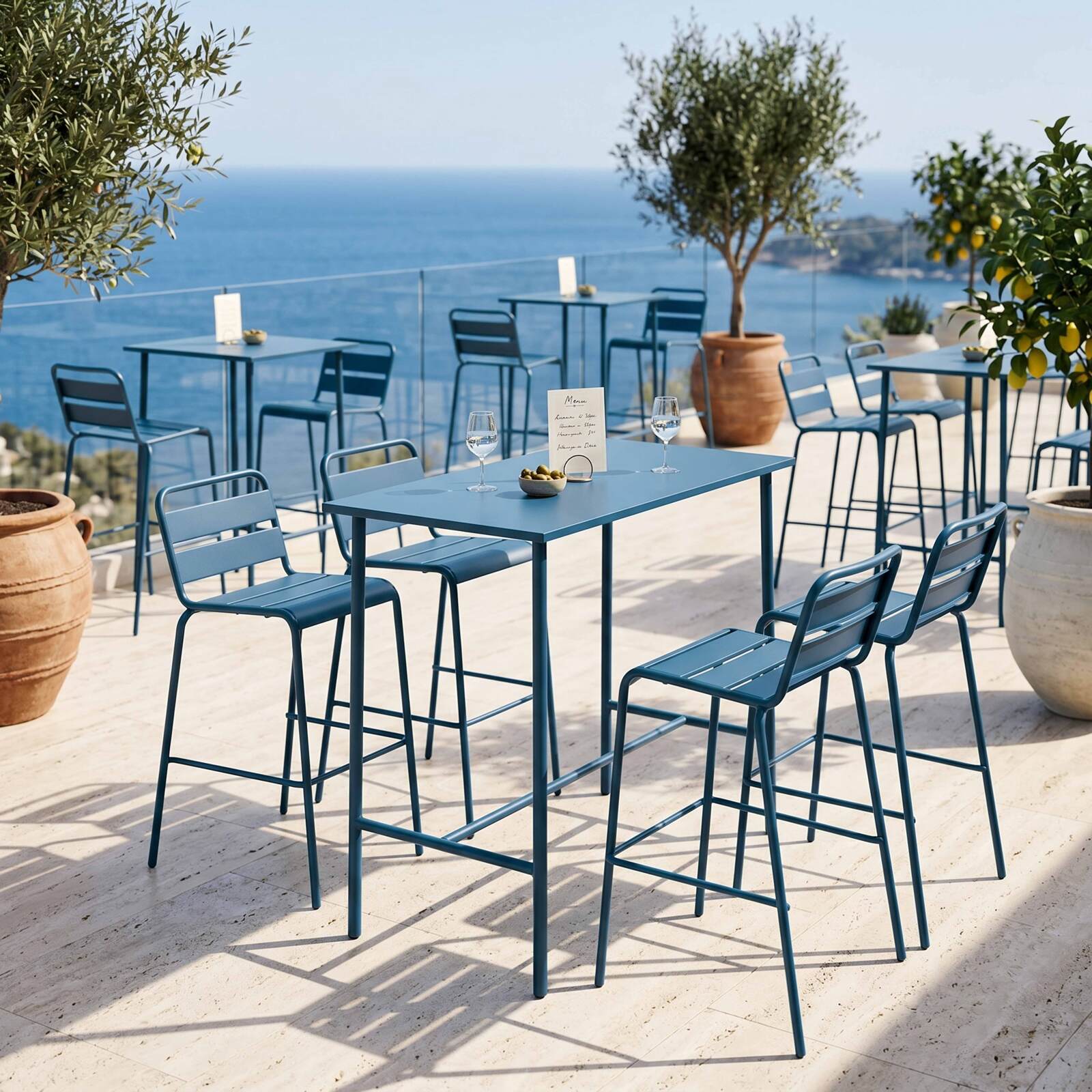 Table haute de jardin en métal 120x60 cm et 4 chaises hautes
